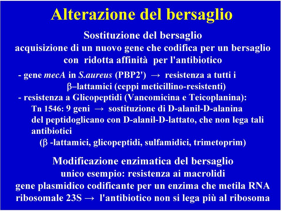 D-alanil-D-alanina del peptidoglicano con D-alanil-D-lattato, che non lega tali antibiotici (β -lattamici, glicopeptidi, sulfamidici, trimetoprim) Modificazione