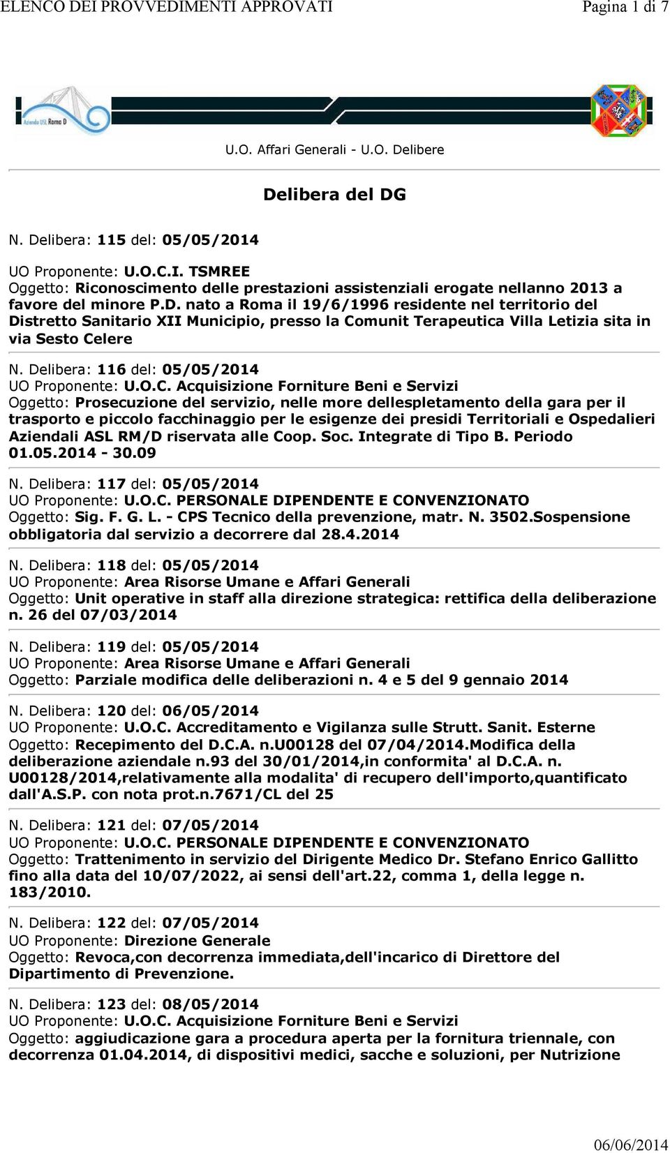 nato a Roma il 19/6/1996 residente nel territorio del Distretto Sanitario XII Municipio, presso la Comunit Terapeutica Villa Letizia sita in via Sesto Celere N.