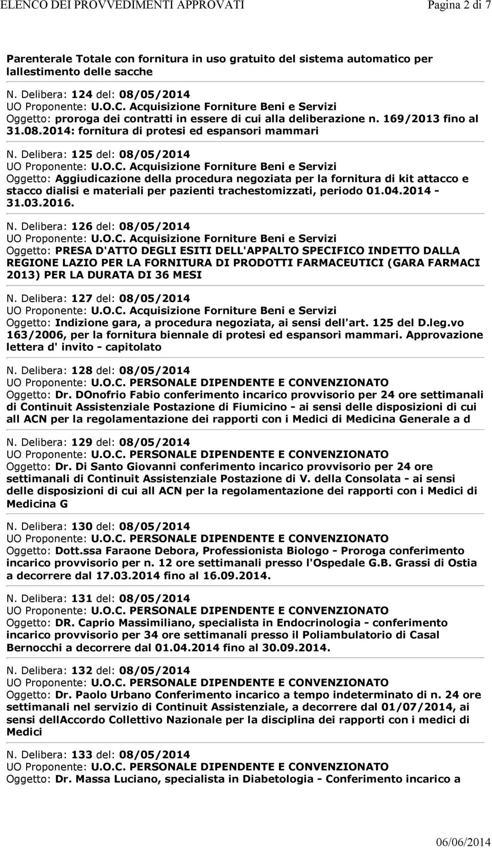 Delibera: 125 del: 08/05/2014 Oggetto: Aggiudicazione della procedura negoziata per la fornitura di kit attacco e stacco dialisi e materiali per pazienti trachestomizzati, periodo 01.04.2014-31.03.