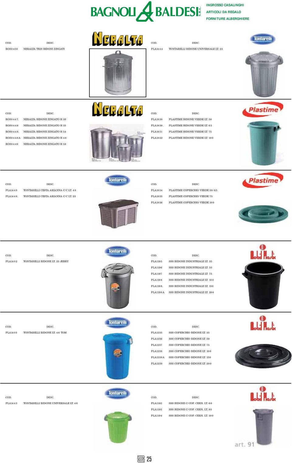 65 PLASTIME BIDONE VERDE LT. 75 PLASTIME BIDONE VERDE LT. 100 PLA1448 PLA1448. TONTARELLI CESTA ARIANNA C/C LT. 48 TONTARELLI CESTA ARIANNA C/C LT.