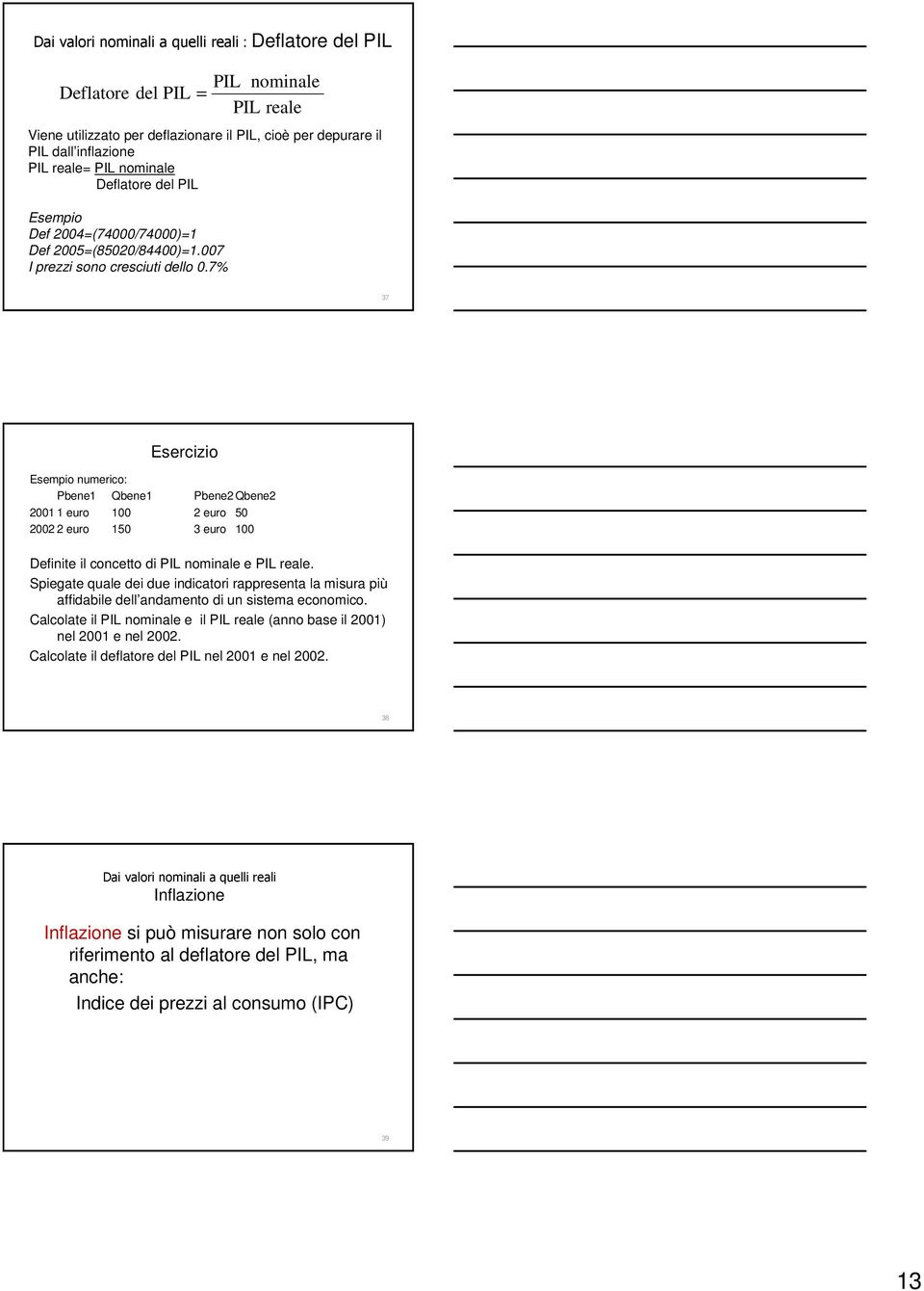 7% 37 Esercizio Esempio numerico: Pbene1 Qbene1 Pbene2 Qbene2 2001 1 euro 100 2 euro 50 2002 2 euro 150 3 euro 100 Definite il concetto di PIL nominale e PIL reale.