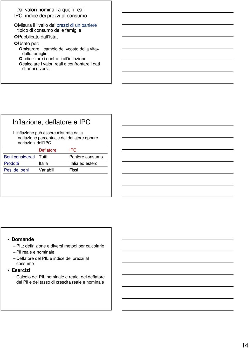 Inflazione, deflatore e IPC L inflazione può essere misurata dalla variazione percentuale del deflatore oppure variazioni dell IPC Beni considerati Prodotti Pesi dei beni Deflatore Tutti Italia