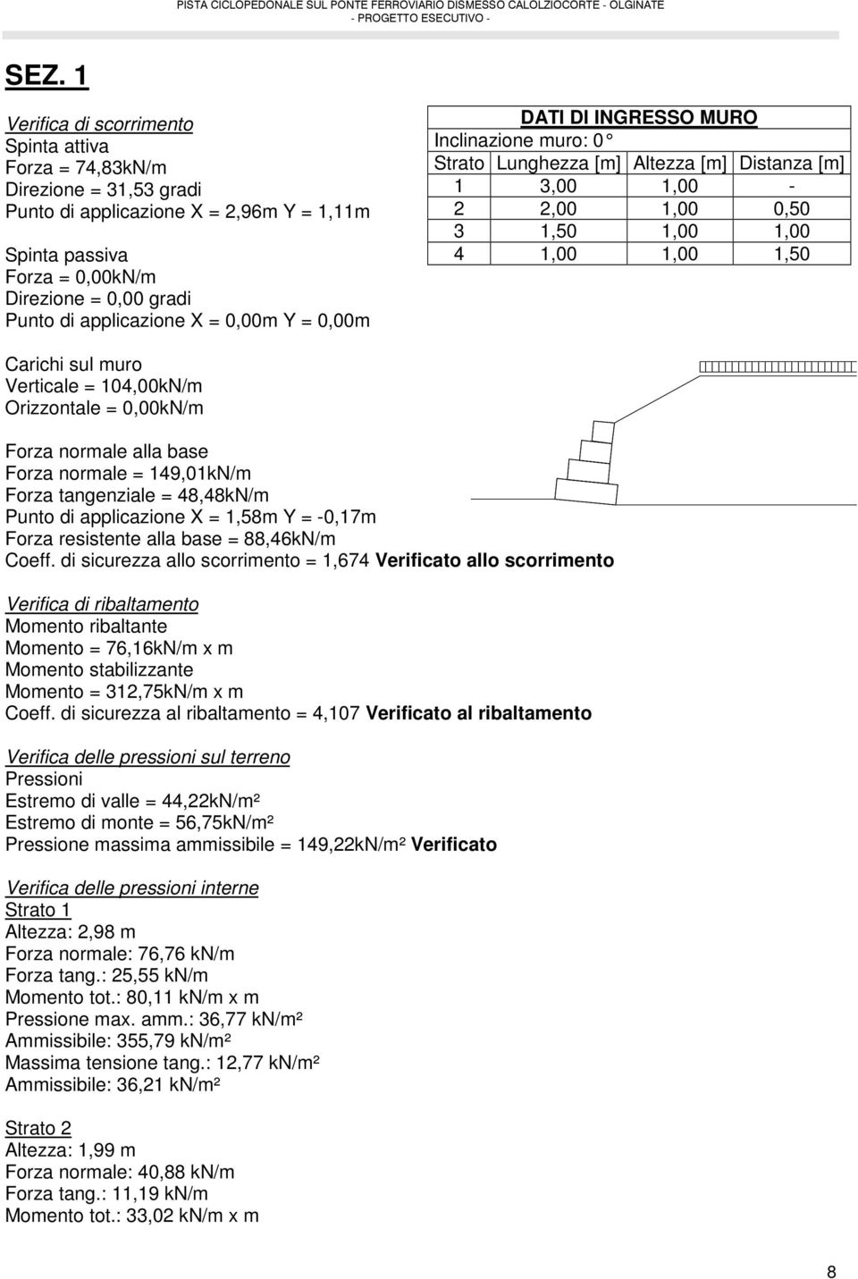 muro Verticale = 104,00kN/m Orizzontale = 0,00kN/m Forza normale alla base Forza normale = 149,01kN/m Forza tangenziale = 48,48kN/m Punto di applicazione X = 1,58m Y = -0,17m Forza resistente alla