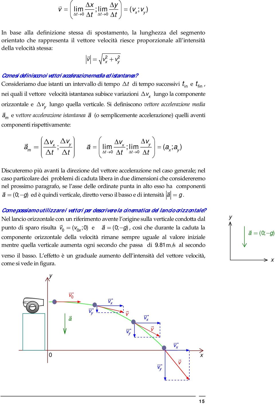 Considerimo due istnti un intervllo di tempo t di tempo successivi t in e t fin, nei quli il vettore velocità istntne subisce vrizioni v luno l componente orizzontle e v luno quell verticle.