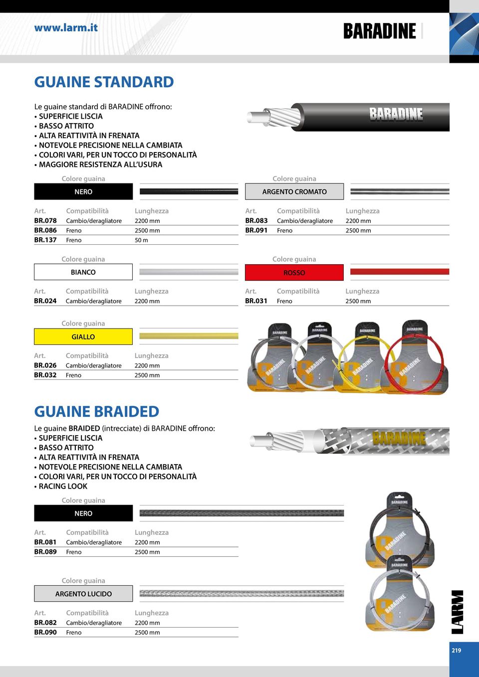 MAGGIORE RESISTENZA ALL USURA NERO BR.078 Cambio/deragliatore 2200 mm BR.086 Freno 2500 mm BR.137 Freno 50 m BIANCO BR.024 Cambio/deragliatore 2200 mm ARGENTO CROMATO BR.