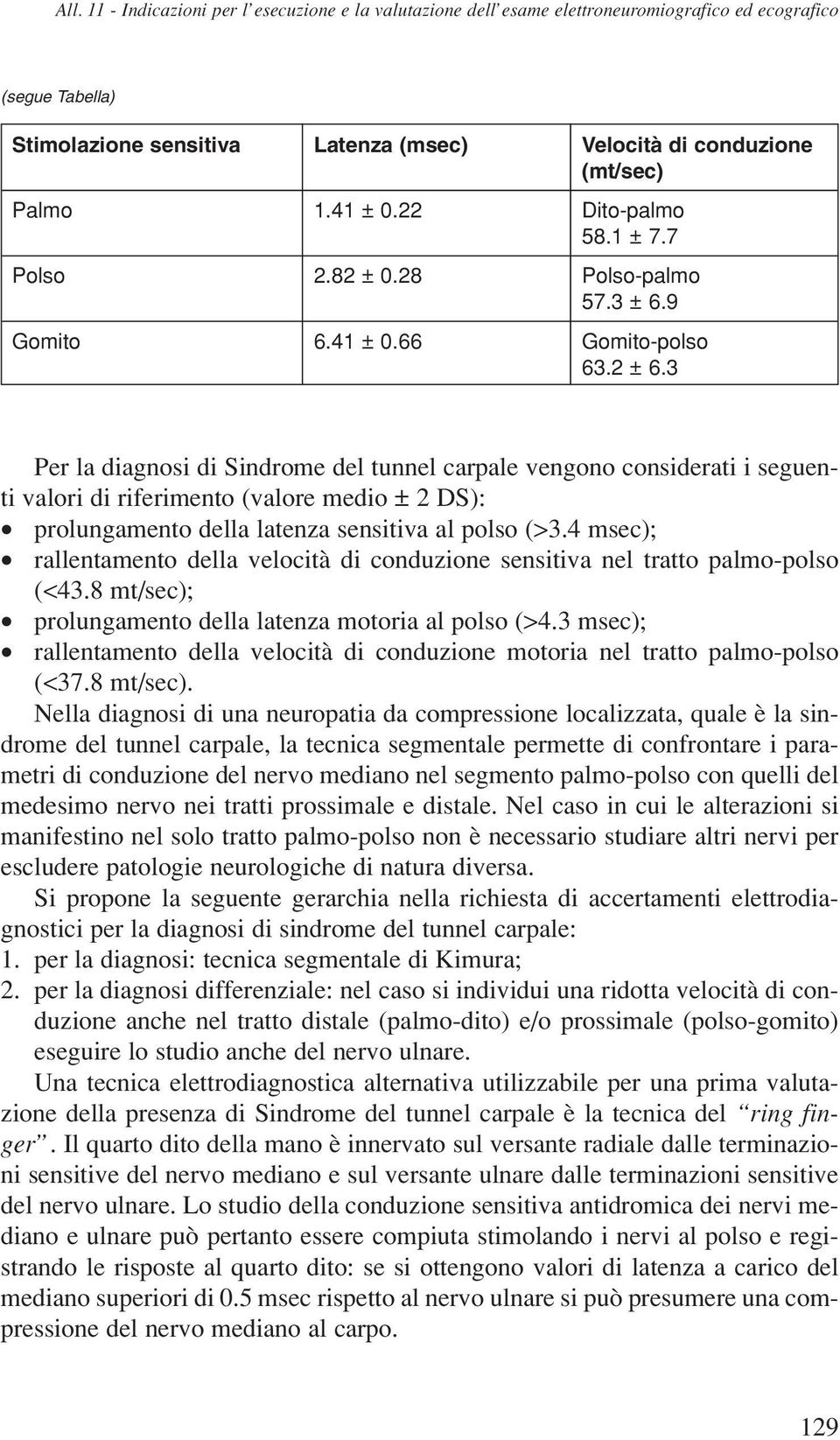 3 Per la diagnosi di Sindrome del tunnel carpale vengono considerati i seguenti valori di riferimento (valore medio ± 2 DS): prolungamento della latenza sensitiva al polso (>3.