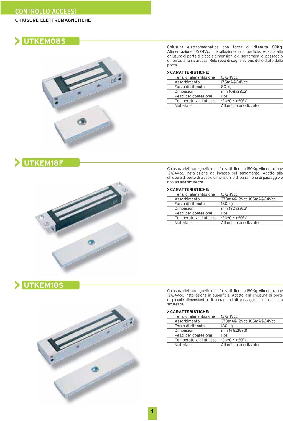 di alimentazione Forza di ritenuta Pezzi per confezione Temperatura di utilizzo 12/24Vcc 175mA@24Vcc 80 kg mm 108x38x21 1 pz -20 C / +60 C UTKEM18F Chiusura elettromagnetica con forza di ritenuta