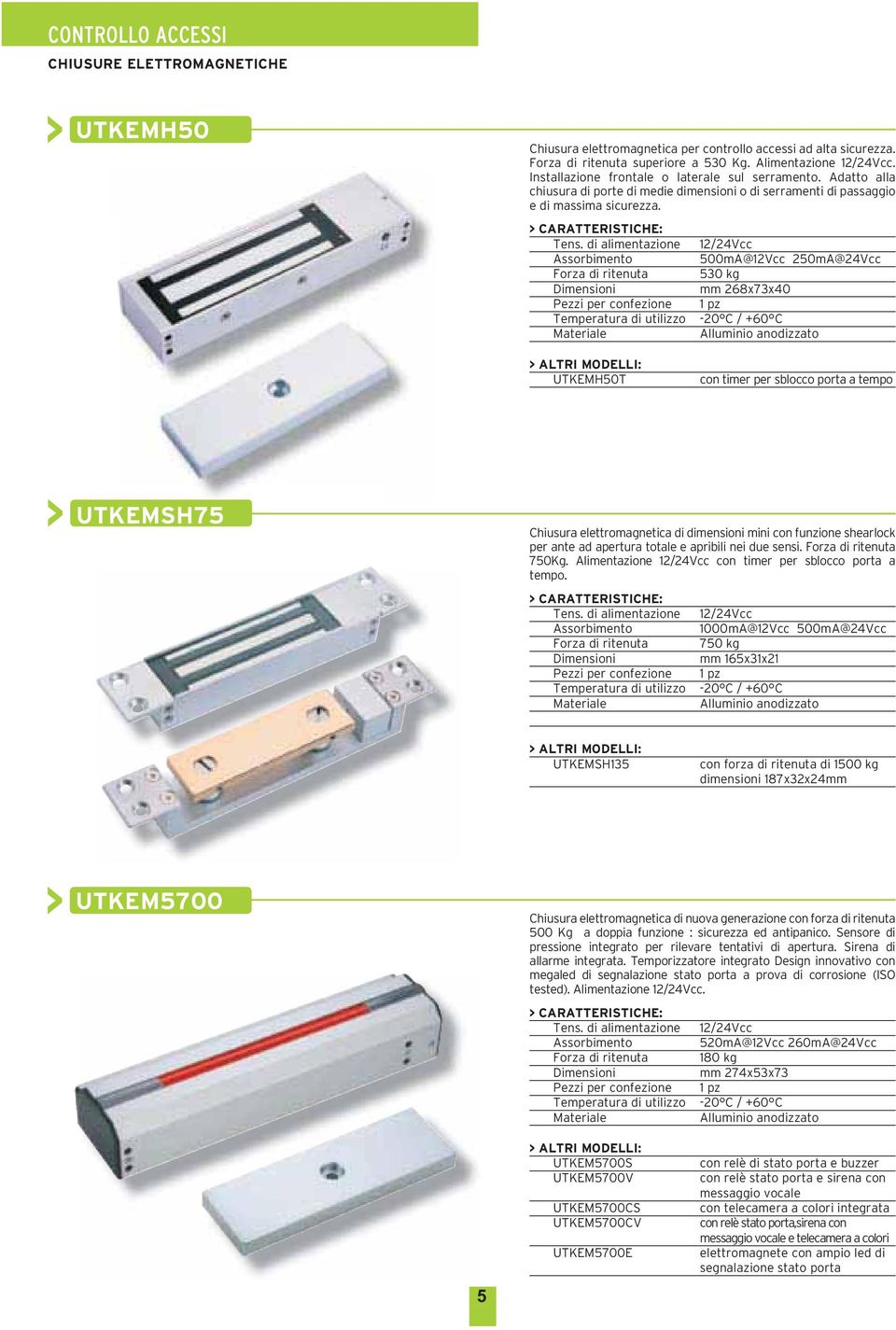 di alimentazione Forza di ritenuta Pezzi per confezione Temperatura di utilizzo 12/24Vcc 530 kg mm 268x73x40 1 pz -20 C / +60 C ALTRI MODELLI: UTKEMH50T con timer per sblocco porta a tempo UTKEMSH75