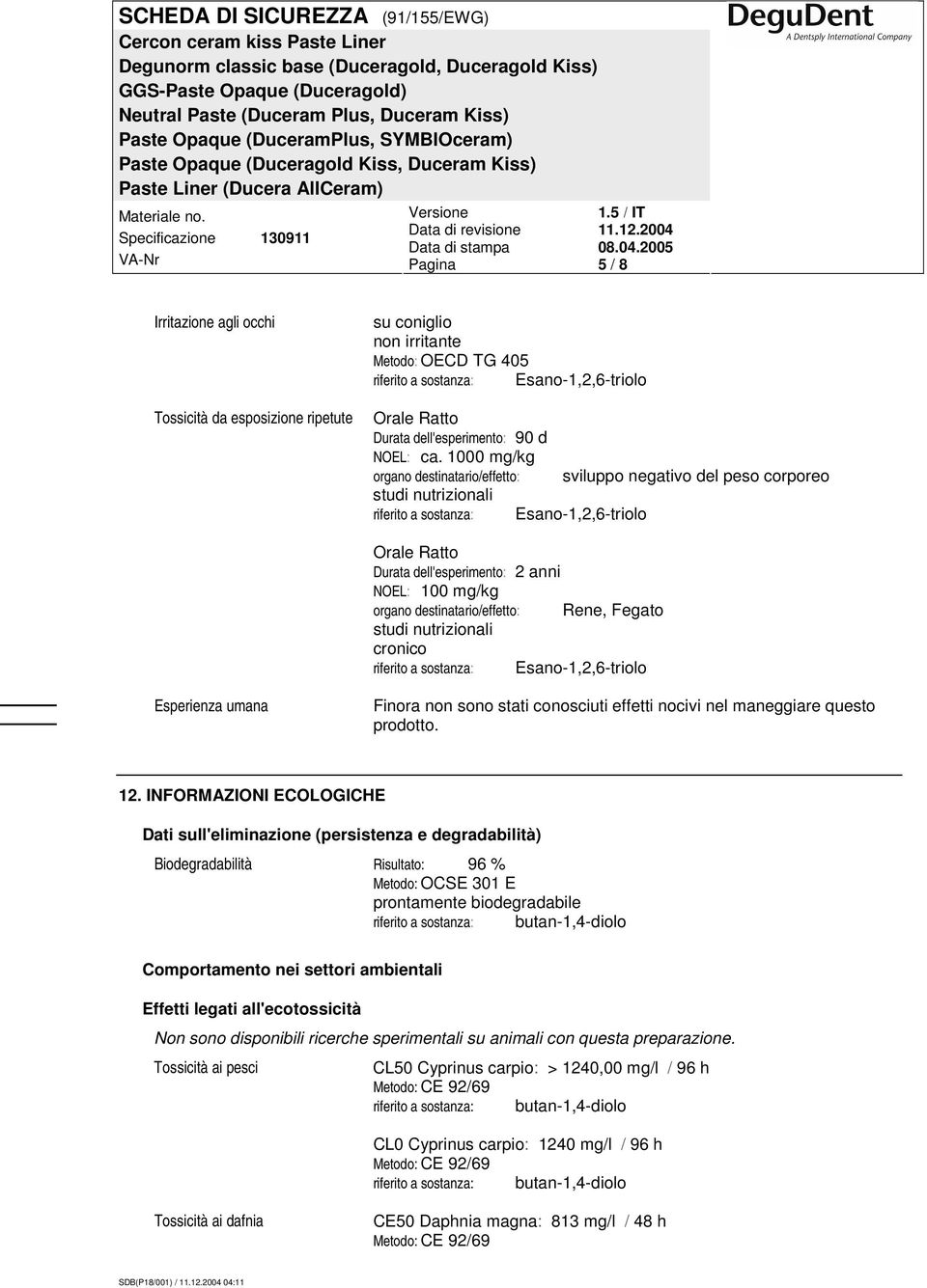 1000 mg/kg organo destinatario/effetto: sviluppo negativo del peso corporeo studi nutrizionali riferito a sostanza: Esano-1,2,6-triolo Orale Ratto Durata dell'esperimento: 2 anni NOEL: 100 mg/kg