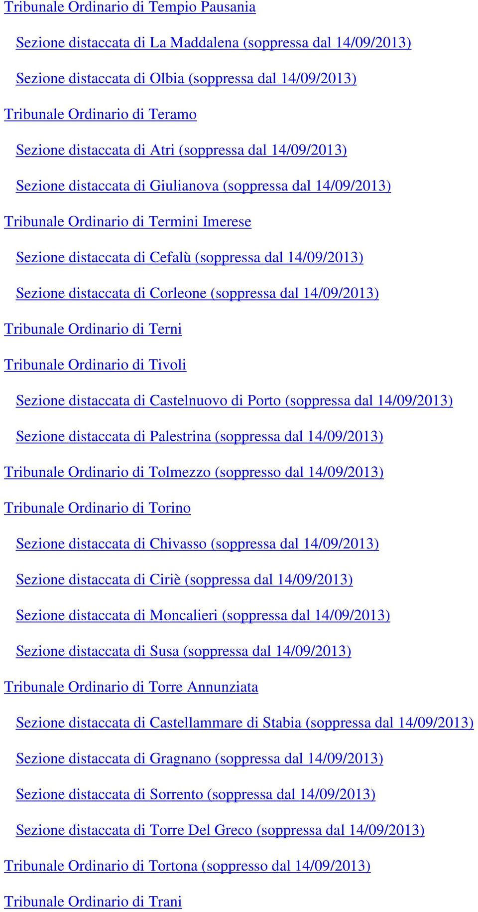 14/09/2013) Sezione distaccata di Corleone (soppressa dal 14/09/2013) Tribunale Ordinario di Terni Tribunale Ordinario di Tivoli Sezione distaccata di Castelnuovo di Porto (soppressa dal 14/09/2013)