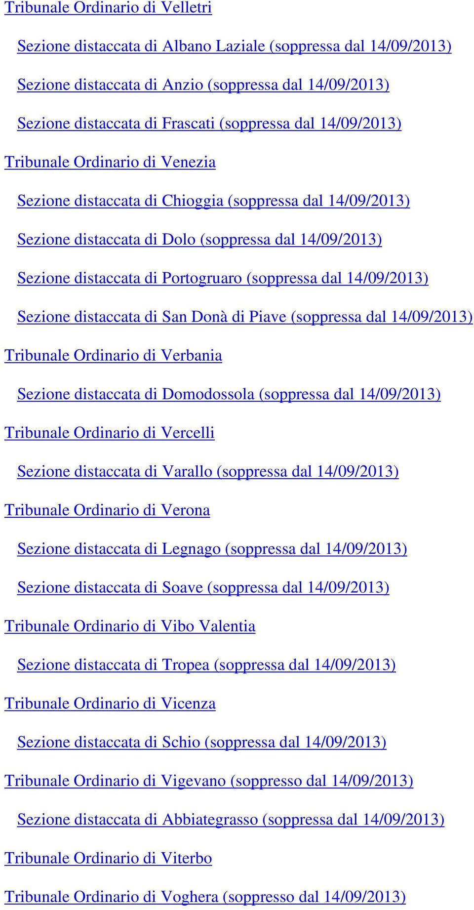 dal 14/09/2013) Sezione distaccata di San Donà di Piave (soppressa dal 14/09/2013) Tribunale Ordinario di Verbania Sezione distaccata di Domodossola (soppressa dal 14/09/2013) Tribunale Ordinario di