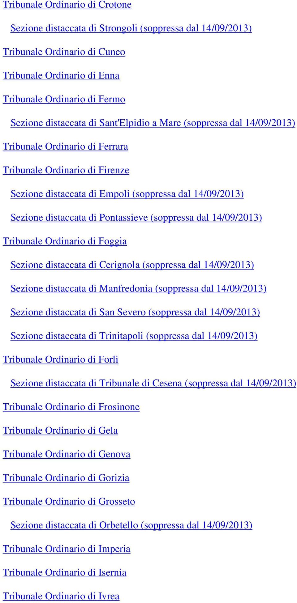 (soppressa dal 14/09/2013) Tribunale Ordinario di Foggia Sezione distaccata di Cerignola (soppressa dal 14/09/2013) Sezione distaccata di Manfredonia (soppressa dal 14/09/2013) Sezione distaccata di