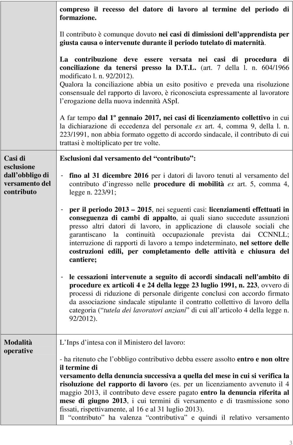 La contribuzione deve essere versata nei casi di procedura di conciliazione da tenersi presso la D.T.L. (art. 7 della l. n. 604/1966 modificato l. n. 92/2012).