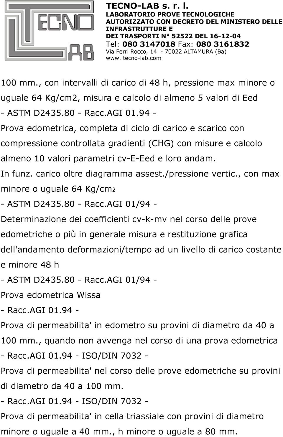 carico oltre diagramma assest./pressione vertic., con max minore o uguale 64 Kg/cm2 - ASTM D2435.80 - Racc.