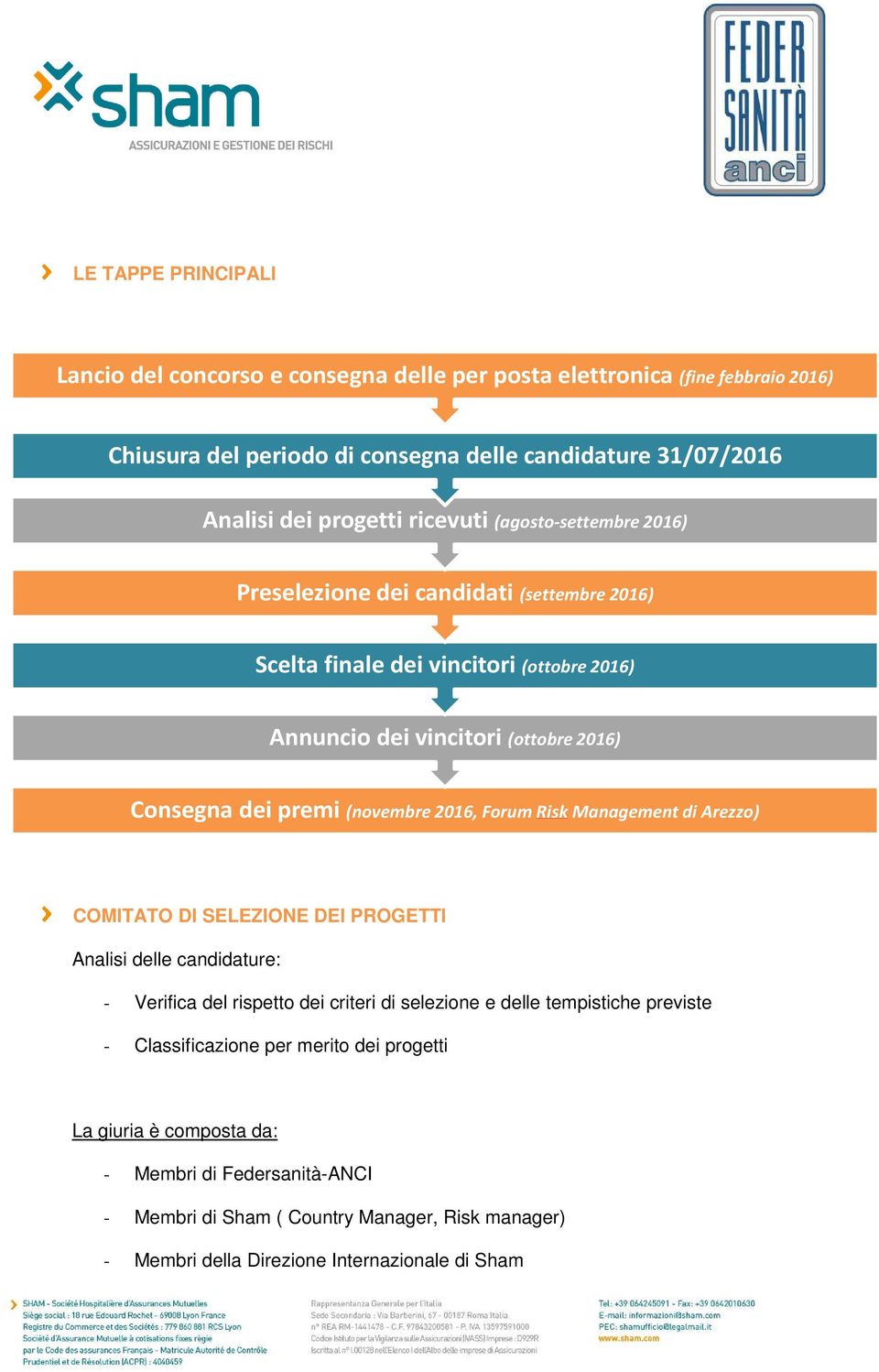 (novembre 2016, Forum Risk Management di Arezzo) COMITATO DI SELEZIONE DEI PROGETTI Analisi delle candidature: - Verifica del rispetto dei criteri di selezione e delle tempistiche