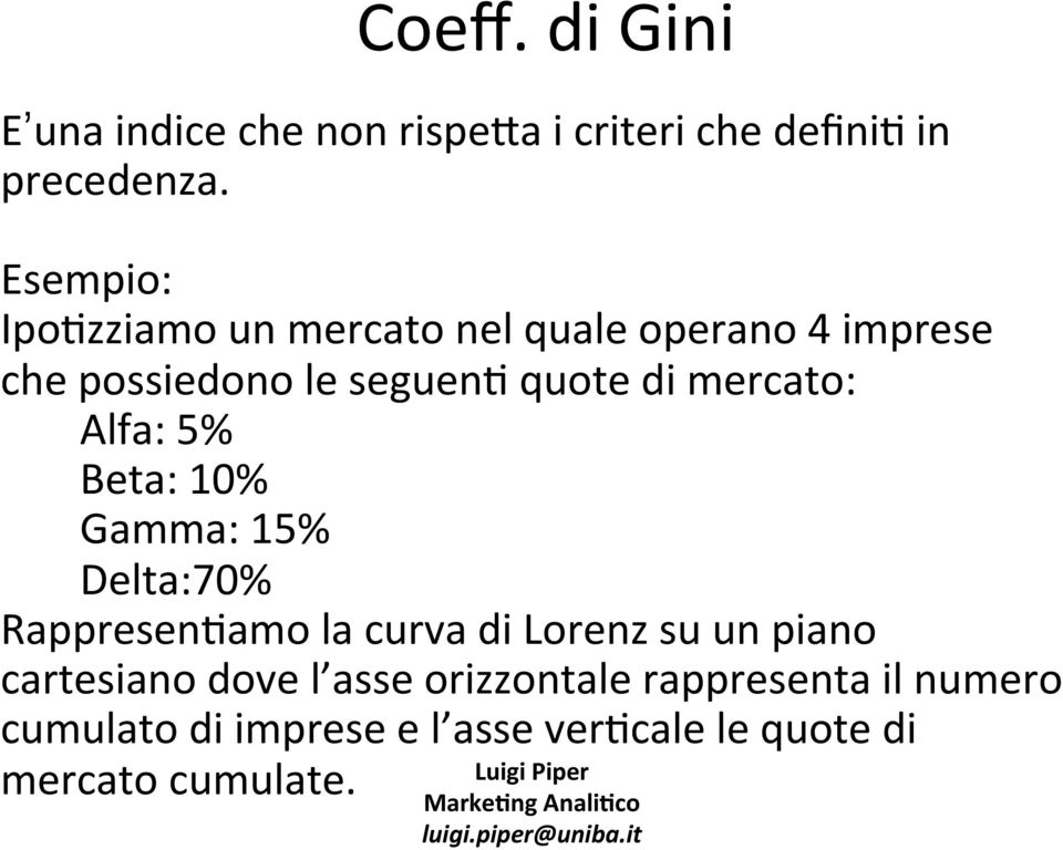 mercato: Alfa: 5% Beta: 10% Gamma: 15% Delta:70% RappresenZamo la curva di Lorenz su un piano