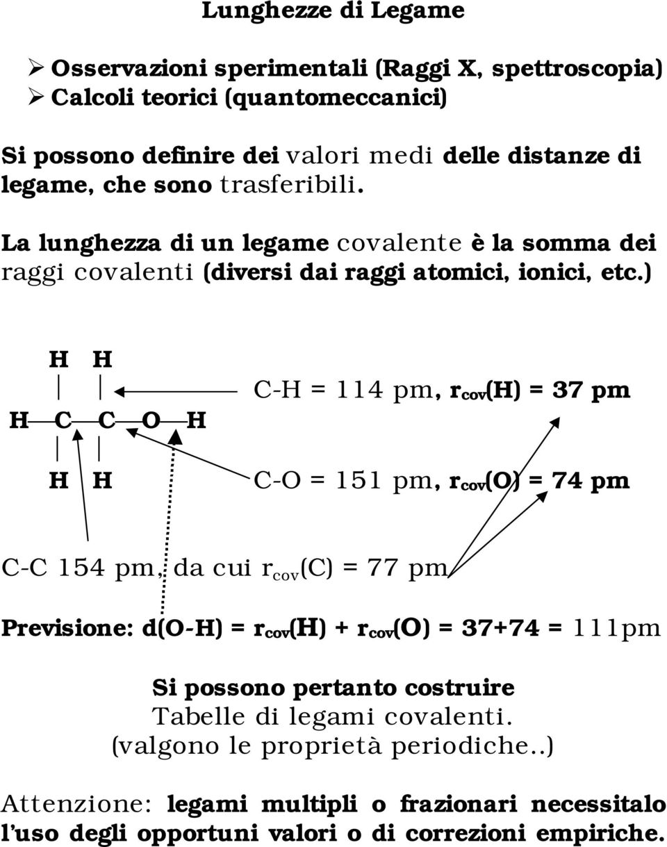 ) C C O C- = 114 pm, rcov() = 37 pm C-O = 151 pm, rcov(o) = 74 pm C-C 154 pm, da cui r cov (C) = 77 pm Previsione: d(o-) = rcov() + rcov(o) = 37+74 = 111pm Si