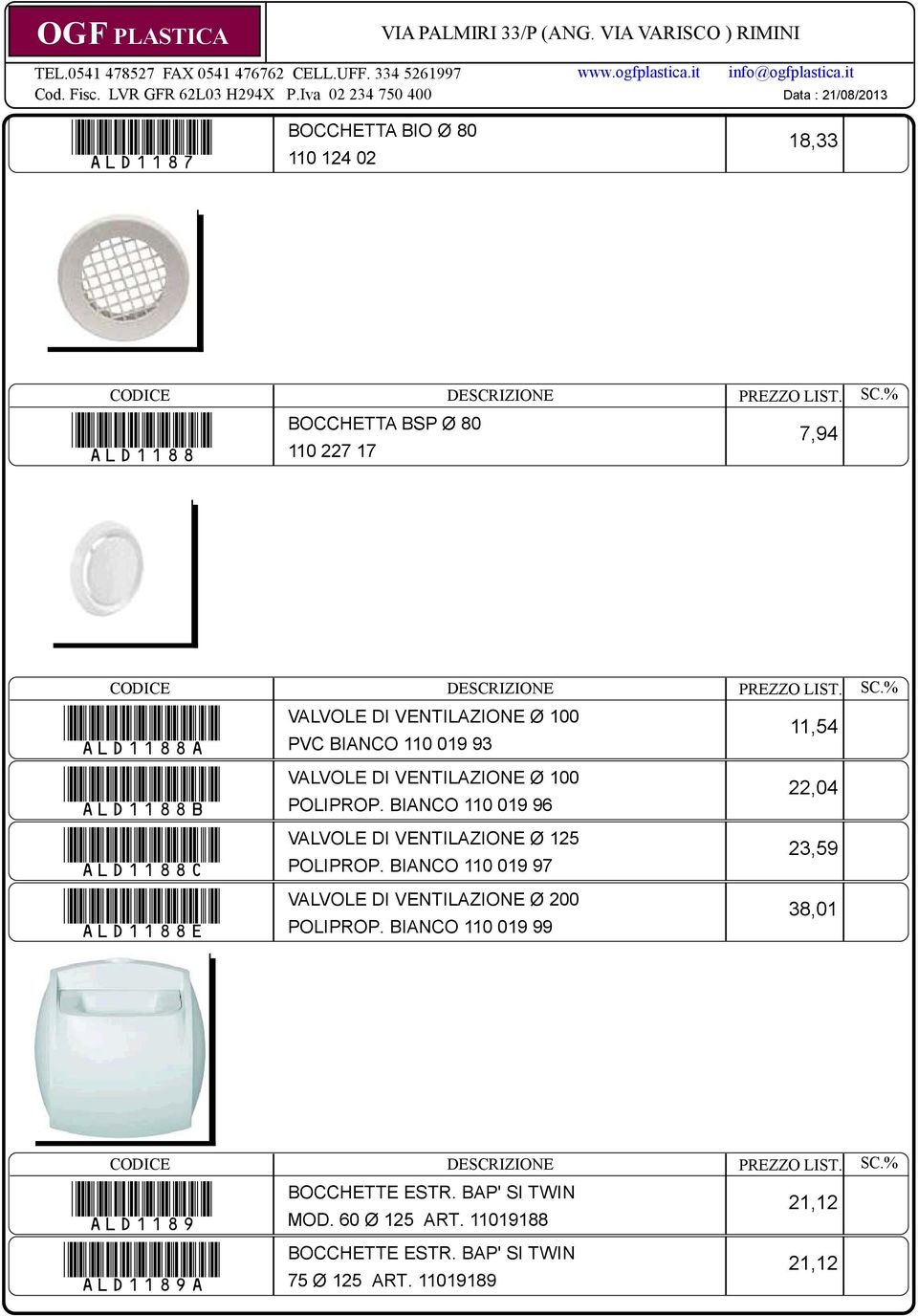 BIANCO 110 019 96 VALVOLE DI VENTILAZIONE Ø 125 POLIPROP. BIANCO 110 019 97 VALVOLE DI VENTILAZIONE Ø 200 POLIPROP.