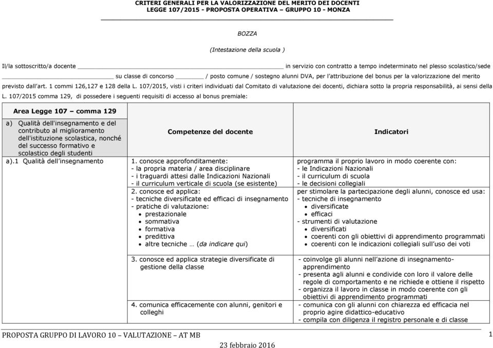 1 commi 126,127 e 128 della L. 107/2015, visti i criteri individuati dal Comitato di valutazione dei docenti, dichiara sotto la propria responsabilità, ai sensi della L.