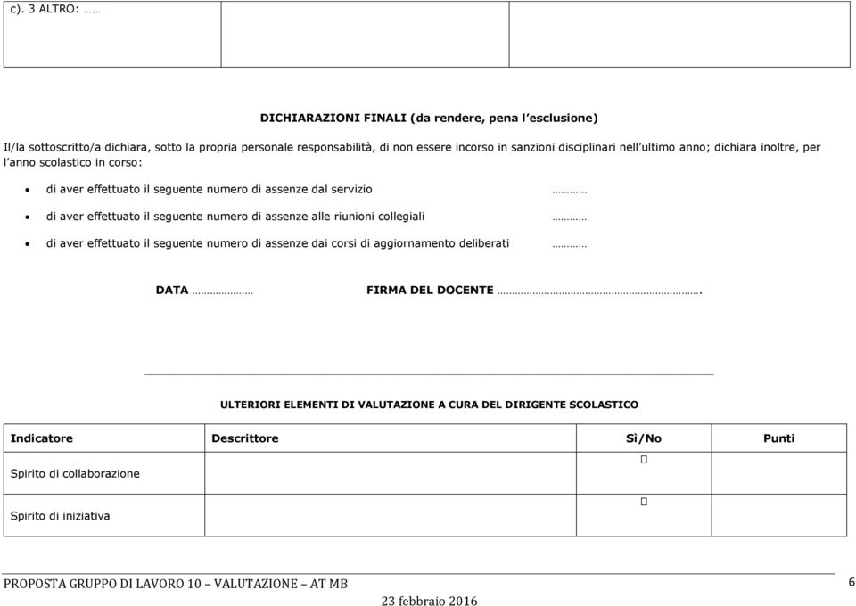 effettuato il seguente numero di assenze alle riunioni collegiali di aver effettuato il seguente numero di assenze dai corsi di aggiornamento deliberati DATA