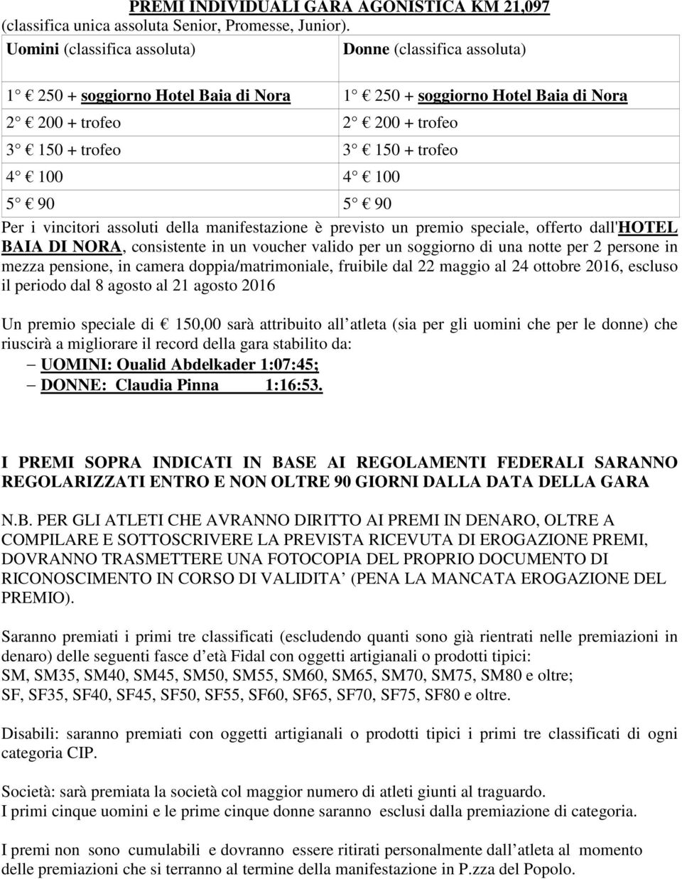 100 5 90 5 90 Per i vincitori assoluti della manifestazione è previsto un premio speciale, offerto dall'hotel BAIA DI NORA, consistente in un voucher valido per un soggiorno di una notte per 2