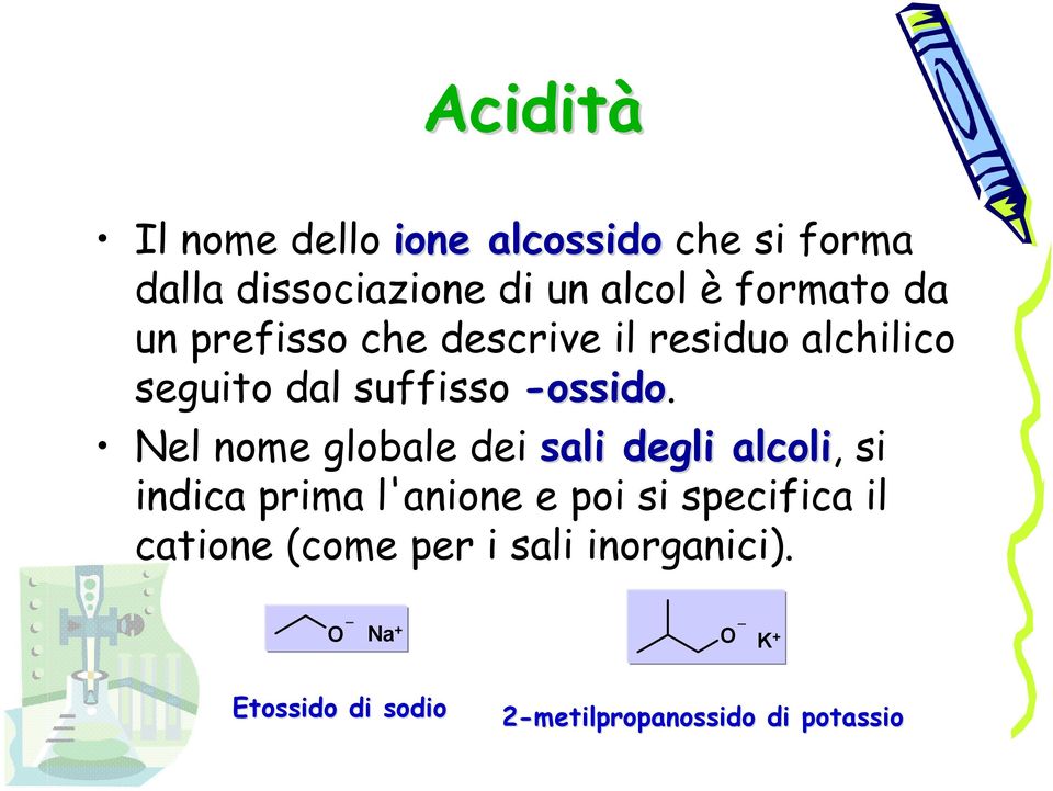 Nel nome globale dei sali degli alcoli, si indica prima l'anione e poi si specifica il