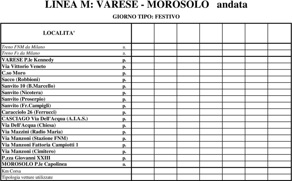Campigli) p. Caracciolo 26 (Ferrucci) p. CASCIAGO Via Dell'Acqua (A.I.A.S.) p. Via Dell'Acqua (Chiesa) p. Via Mazzini (Radio Maria) p.