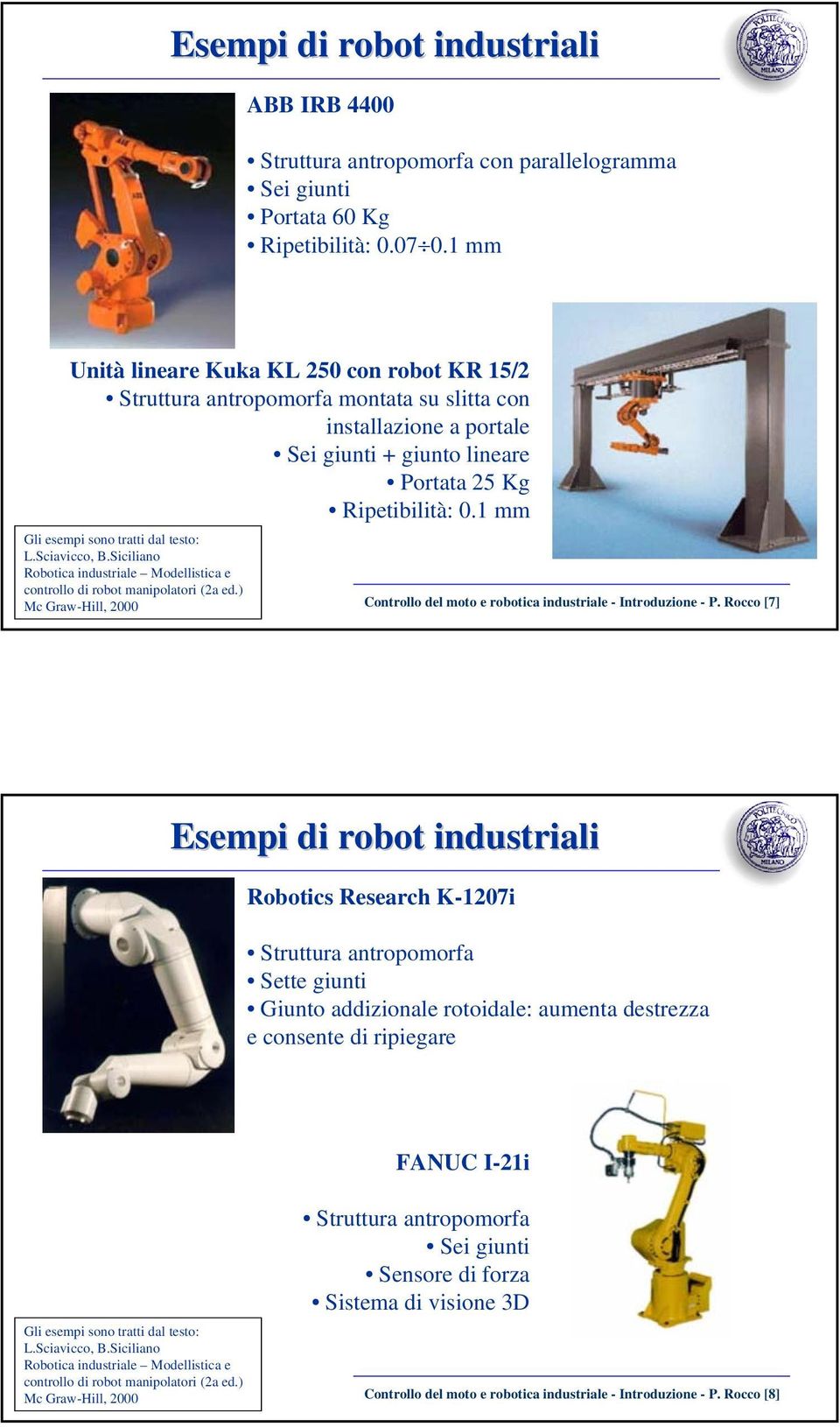 1 mm Gli esempi sono tratti dal testo: L.Sciavicco, B.Siciliano Robotica industriale Modellistica e controllo di robot manipolatori (2a ed.