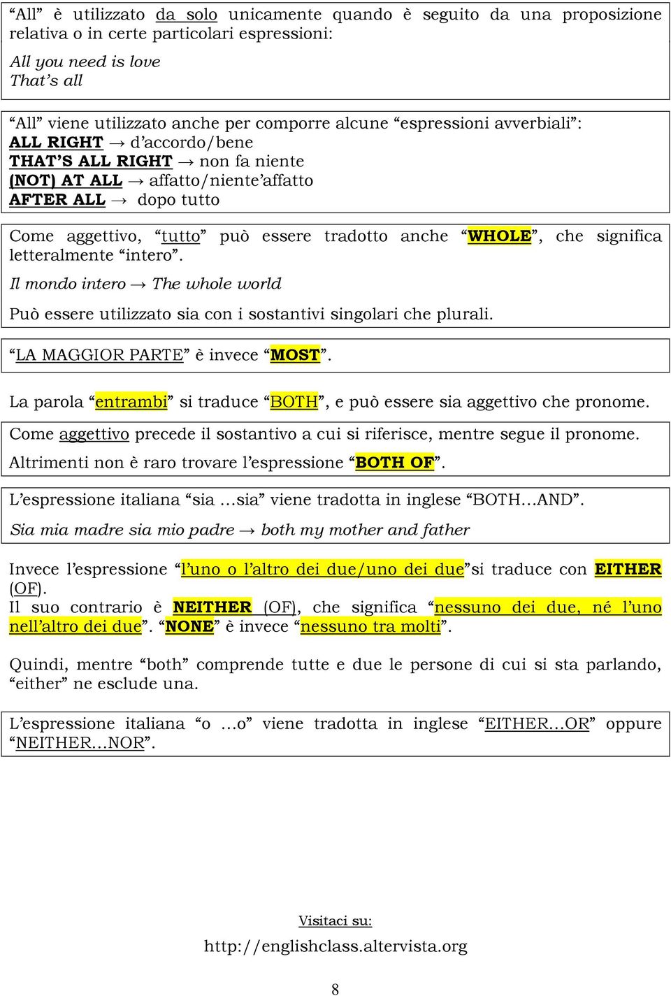 significa letteralmente intero. Il mondo intero The whole world Può essere utilizzato sia con i sostantivi singolari che plurali. LA MAGGIOR PARTE è invece MOST.