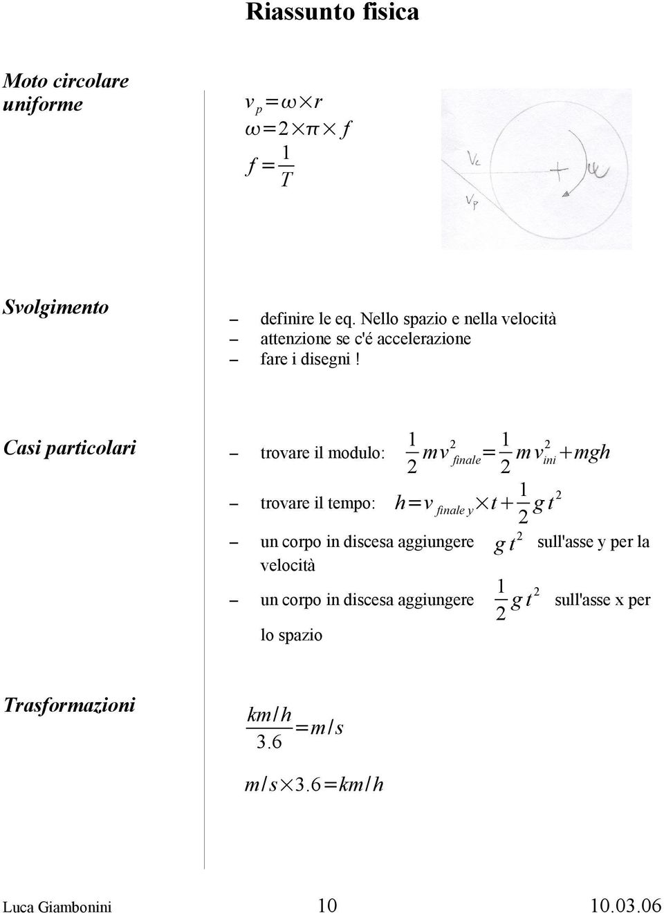 trovare il modulo: mv finale= m vini mgh trovare il tempo: h=v finale y t g t un corpo in discesa