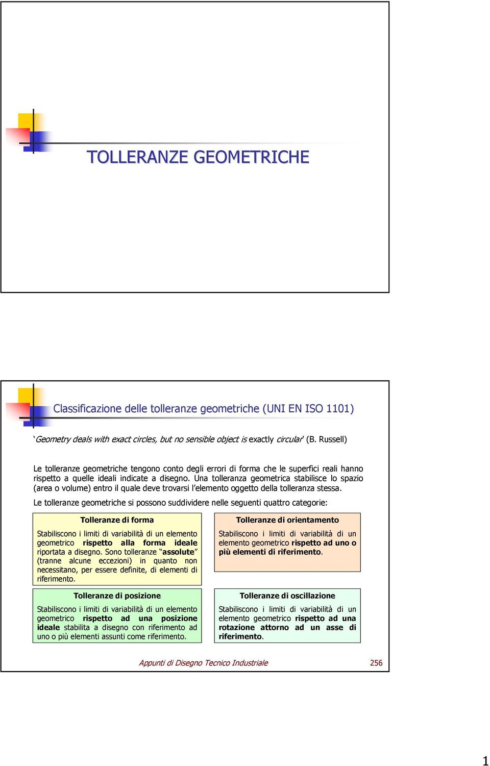 Una tolleranza geometrica stabilisce lo spazio (area o volume) entro il quale deve trovarsi l elemento oggetto della tolleranza stessa.