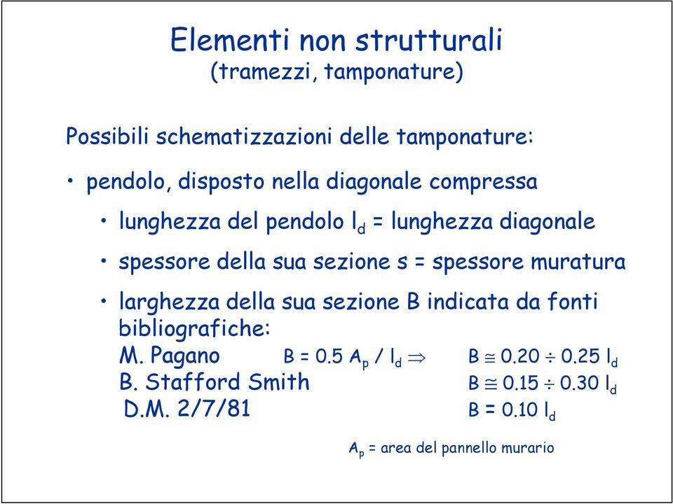 sezione s = spessore muratura larghezza della sua sezione B indicata da fonti bibliografiche: M.