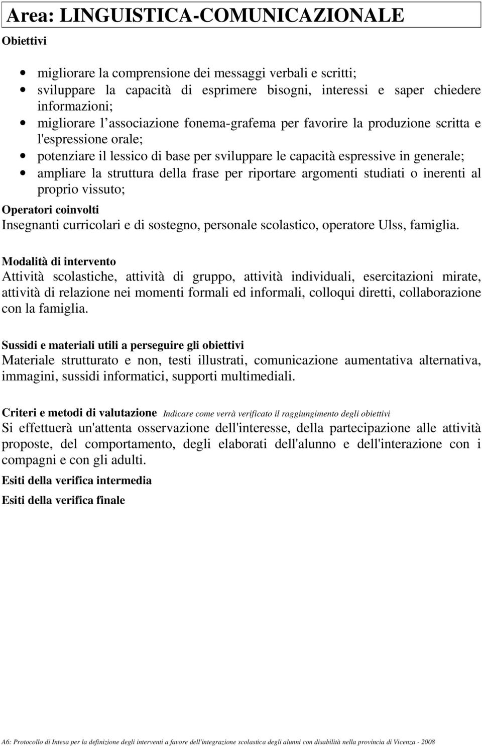 frase per riportare argomenti studiati o inerenti al proprio vissuto; Operatori coinvolti Insegnanti curricolari e di sostegno, personale scolastico, operatore Ulss, famiglia.