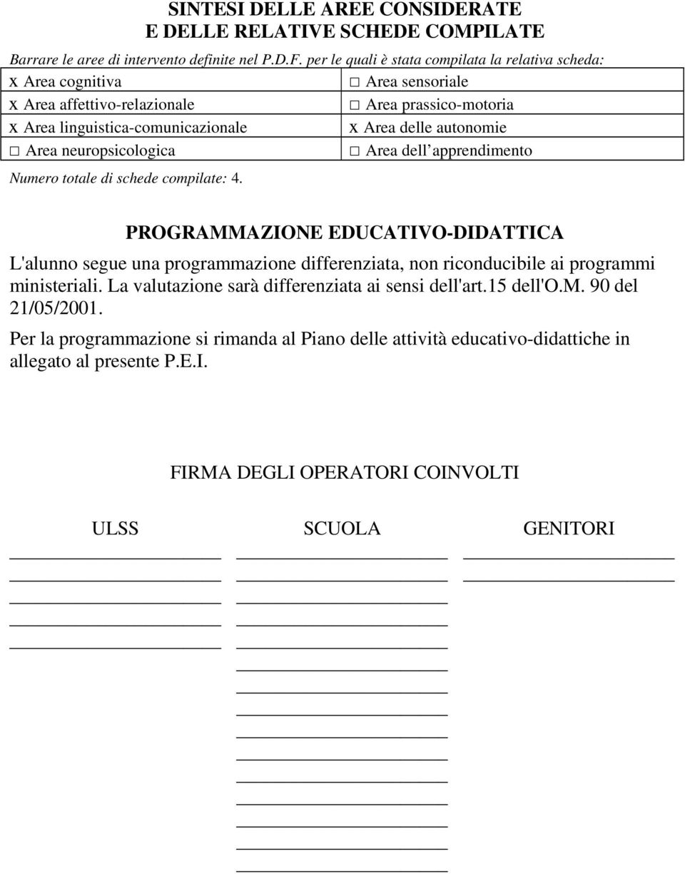 autonomie Area neuropsicologica Area dell apprendimento Numero totale di schede compilate: 4.