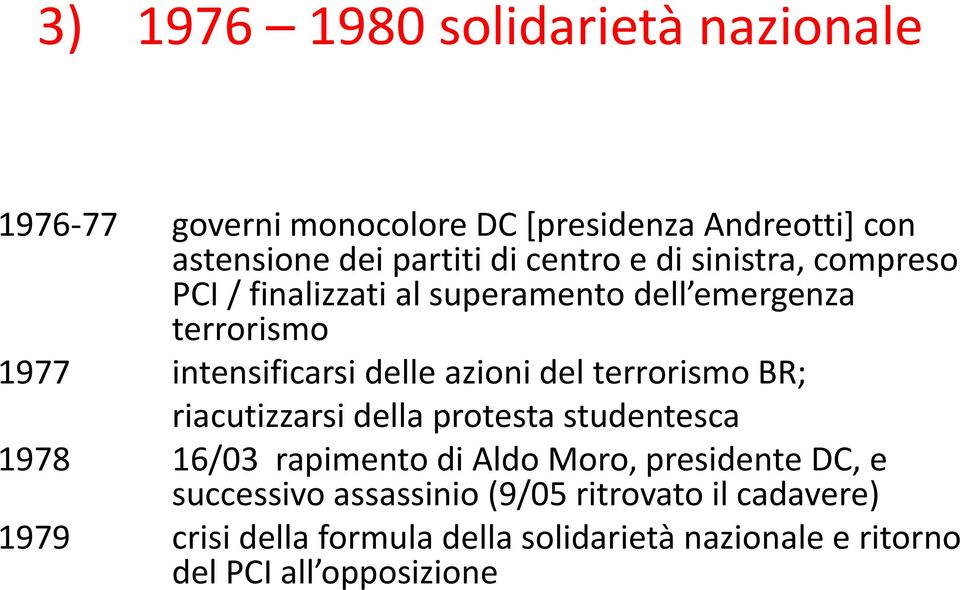 del terrorismo BR; riacutizzarsi della protesta studentesca 1978 16/03 rapimento di Aldo Moro, presidente DC, e successivo