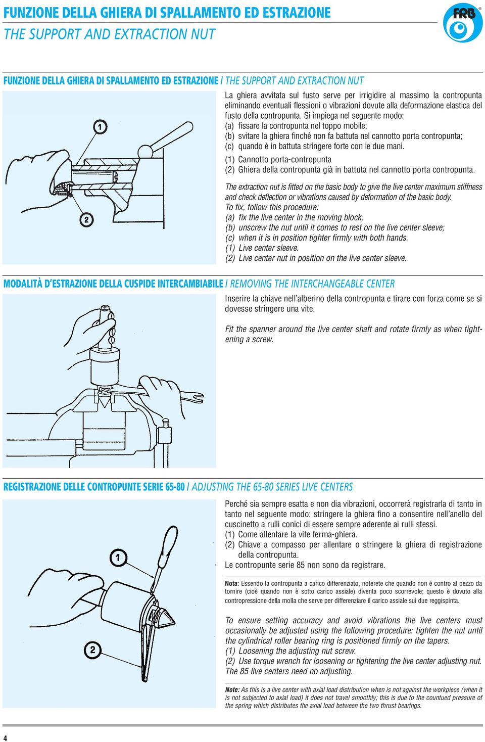 Si impiega nel seguente modo: (a) fissare la contropunta nel toppo mobile; (b) svitare la ghiera finché non fa battuta nel cannotto porta contropunta; (c) quando è in battuta stringere forte con le