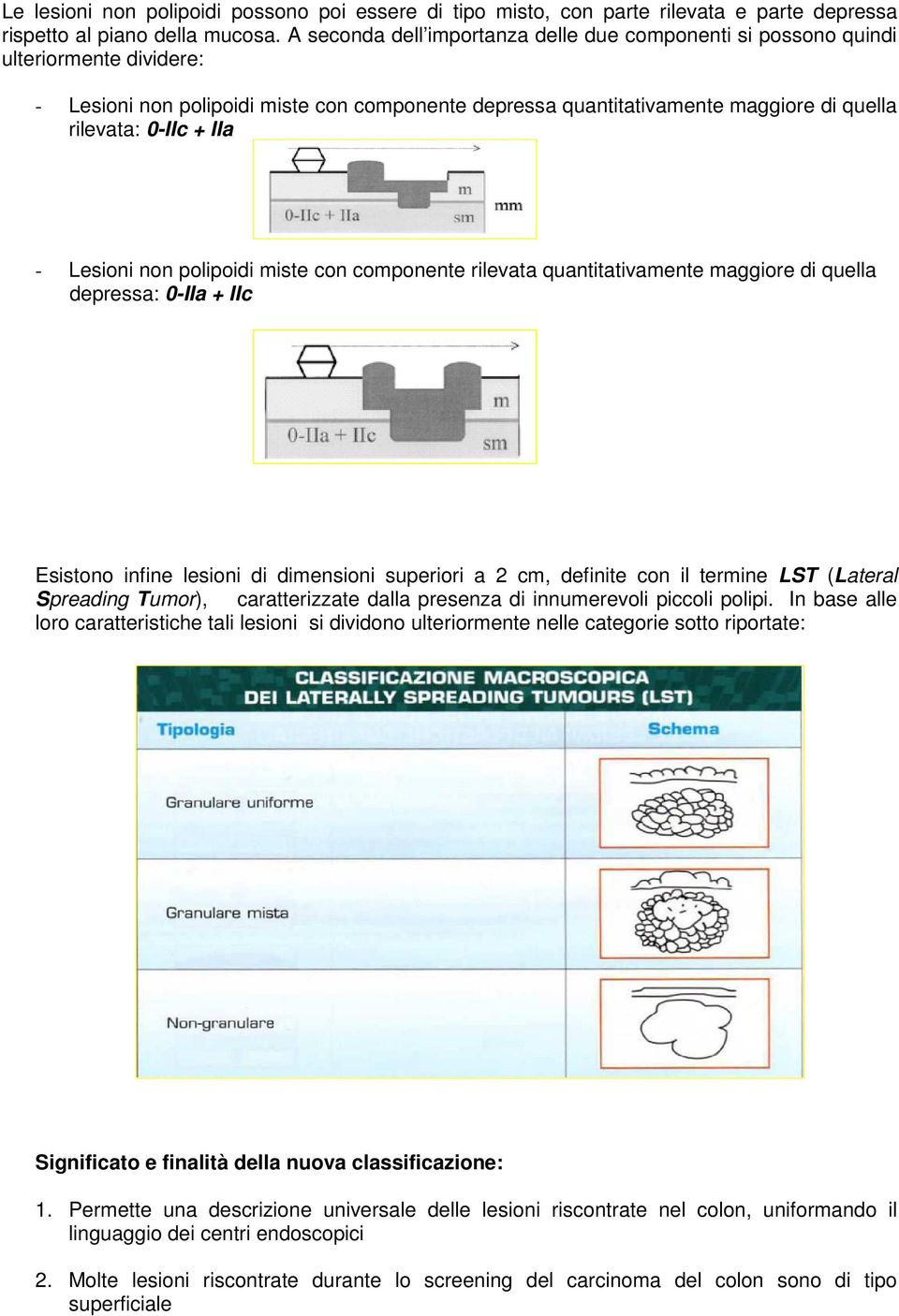 IIa - Lesioni non polipoidi miste con componente rilevata quantitativamente maggiore di quella depressa: 0-IIa + IIc Esistono infine lesioni di dimensioni superiori a 2 cm, definite con il termine