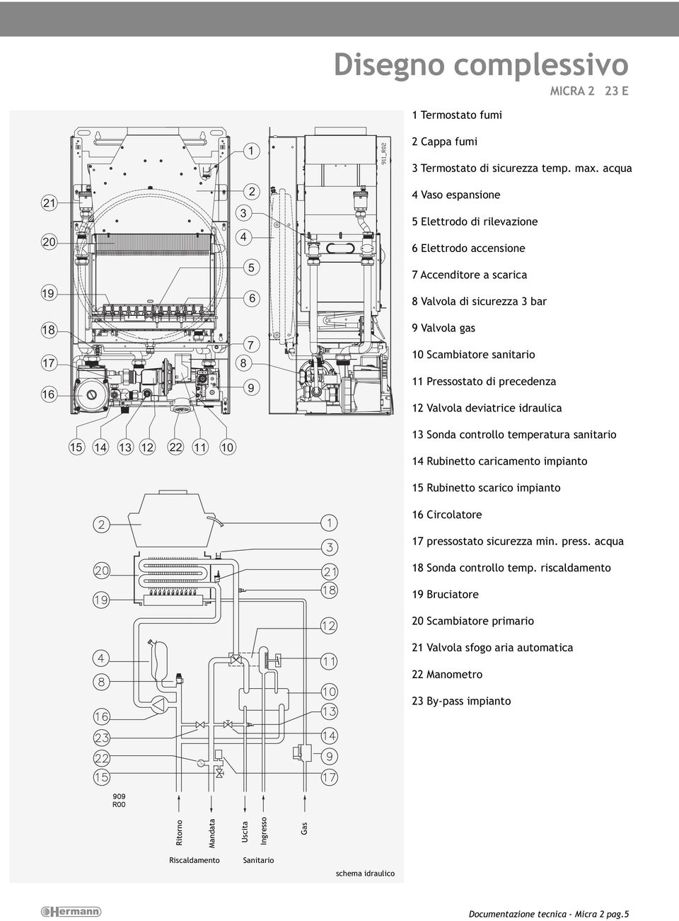 Valvola deviatrice idraulica 15 14 13 12 22 11 10 13 Sonda controllo temperatura sanitario 14 Rubinetto caricamento impianto 15 Rubinetto scarico impianto 16 Circolatore 17 pressostato sicurezza min.