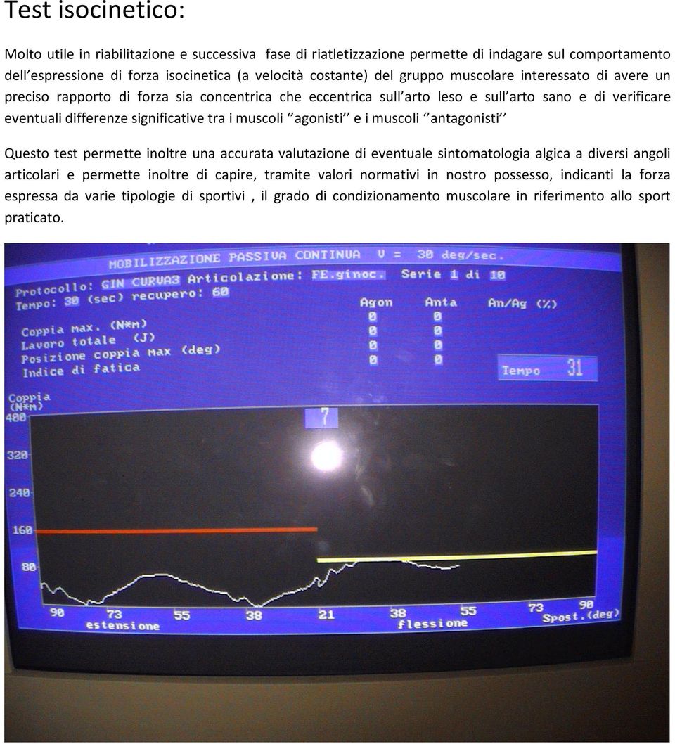 tra i muscoli agonisti e i muscoli antagonisti Questo test permette inoltre una accurata valutazione di eventuale sintomatologia algica a diversi angoli articolari e permette inoltre di