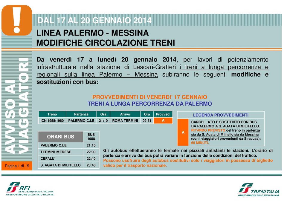 Partenza Ora rrivo IN 1958/1960 PLERMO.LE 21:10 ROM TERMINI ORRI 1958 PLERMO.LE 21:10 TERMINI IMERESE 22:00 EFLU 22:40 S. GT DI MILITELLO 23:40 Ora Provved.