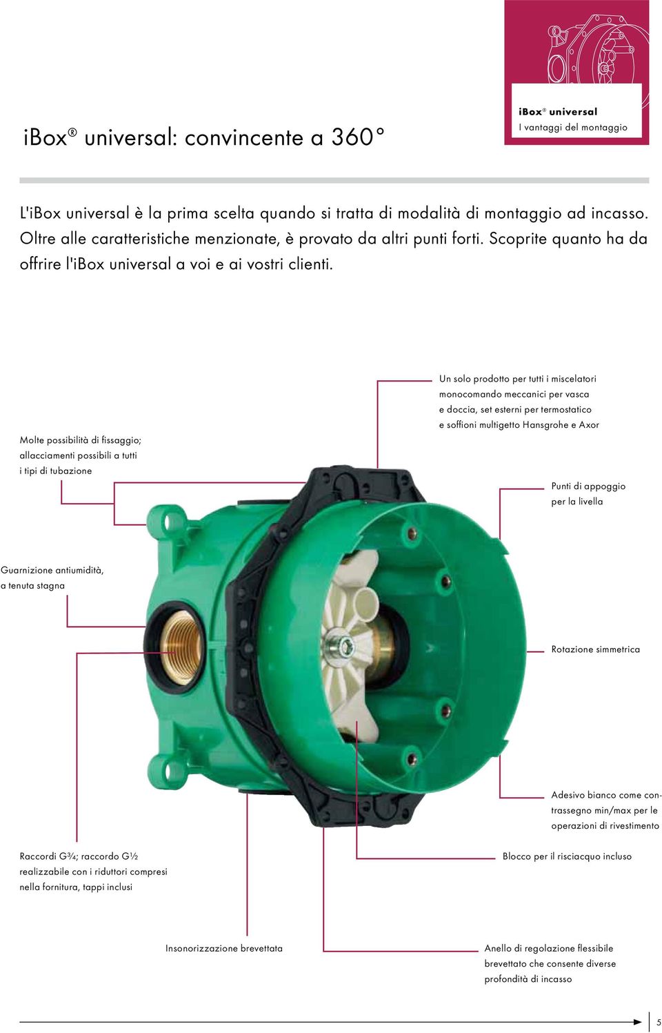 Molte possibilità di fissaggio; allacciamenti possibili a tutti i tipi di tubazione Un solo prodotto per tutti i miscelatori monocomando meccanici per vasca e doccia, set esterni per termostatico e