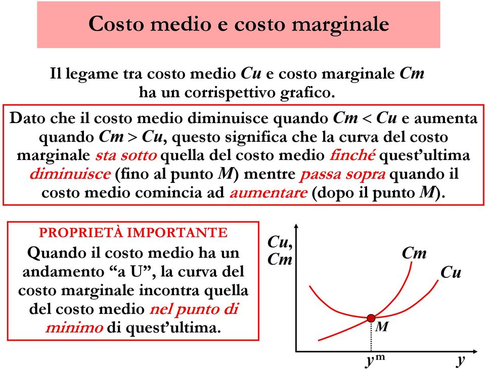 del costo medio finché quest ultima diminuisce (fino al punto M) mentre passa sopra quando il costo medio comincia ad aumentare (dopo il punto M).