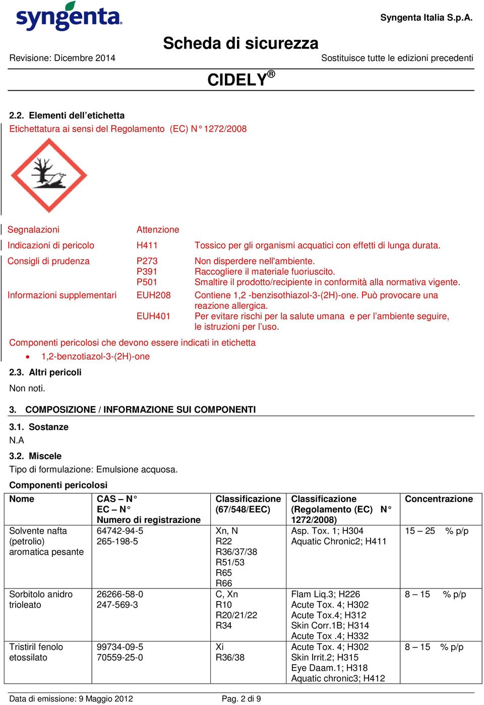 durata. Consigli di prudenza P273 Non disperdere nell'ambiente. P391 Raccogliere il materiale fuoriuscito. P501 Smaltire il prodotto/recipiente in conformità alla normativa vigente.