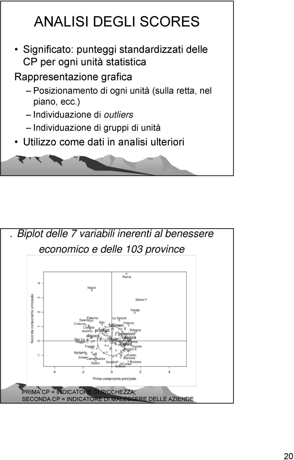 ) Individuazione di outliers Individuazione di gruppi di unità Utilizzo come dati in analisi ulteriori.