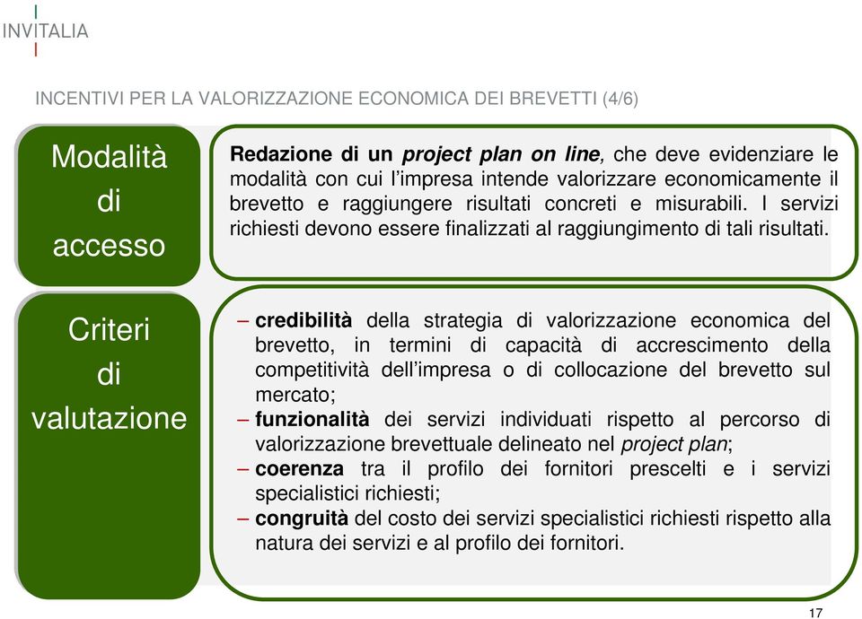 credibilità della strategia di valorizzazione economica del brevetto, in termini di capacità di accrescimento della competitività dell impresa o di collocazione del brevetto sul mercato; funzionalità