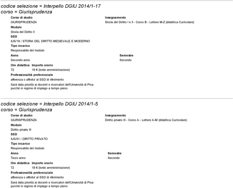 Curricolare) codice selezione = Interpello DGIU 2014/1-5 Diritto privato III IUS/01 / DIRITTO PRIVATO