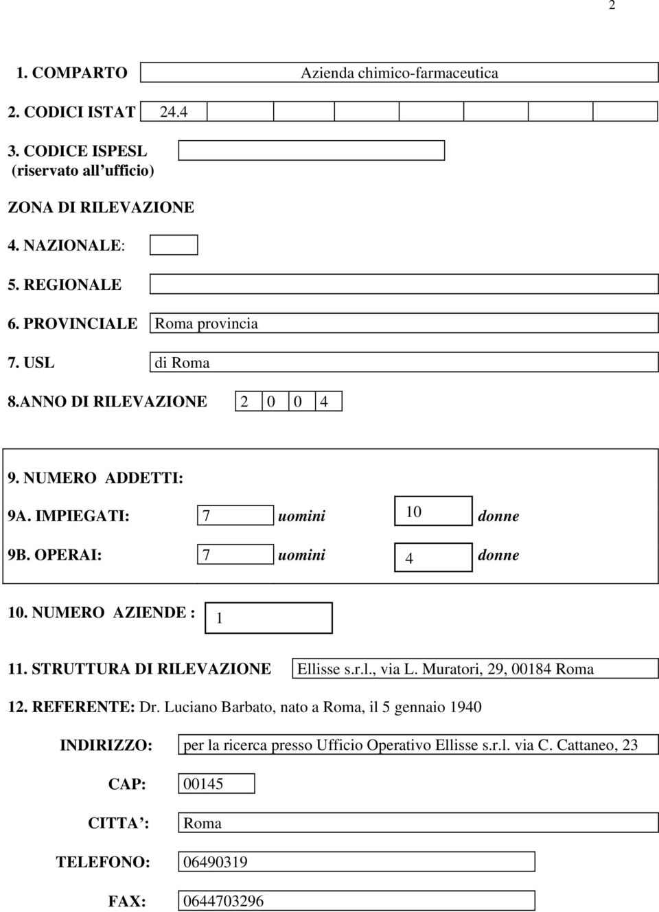 OPERAI: 7 uomini 4 donne 10. NUMERO AZIENDE : 1 11. STRUTTURA DI RILEVAZIONE Ellisse s.r.l., via L. Muratori, 29, 00184 Roma 12. REFERENTE: Dr.