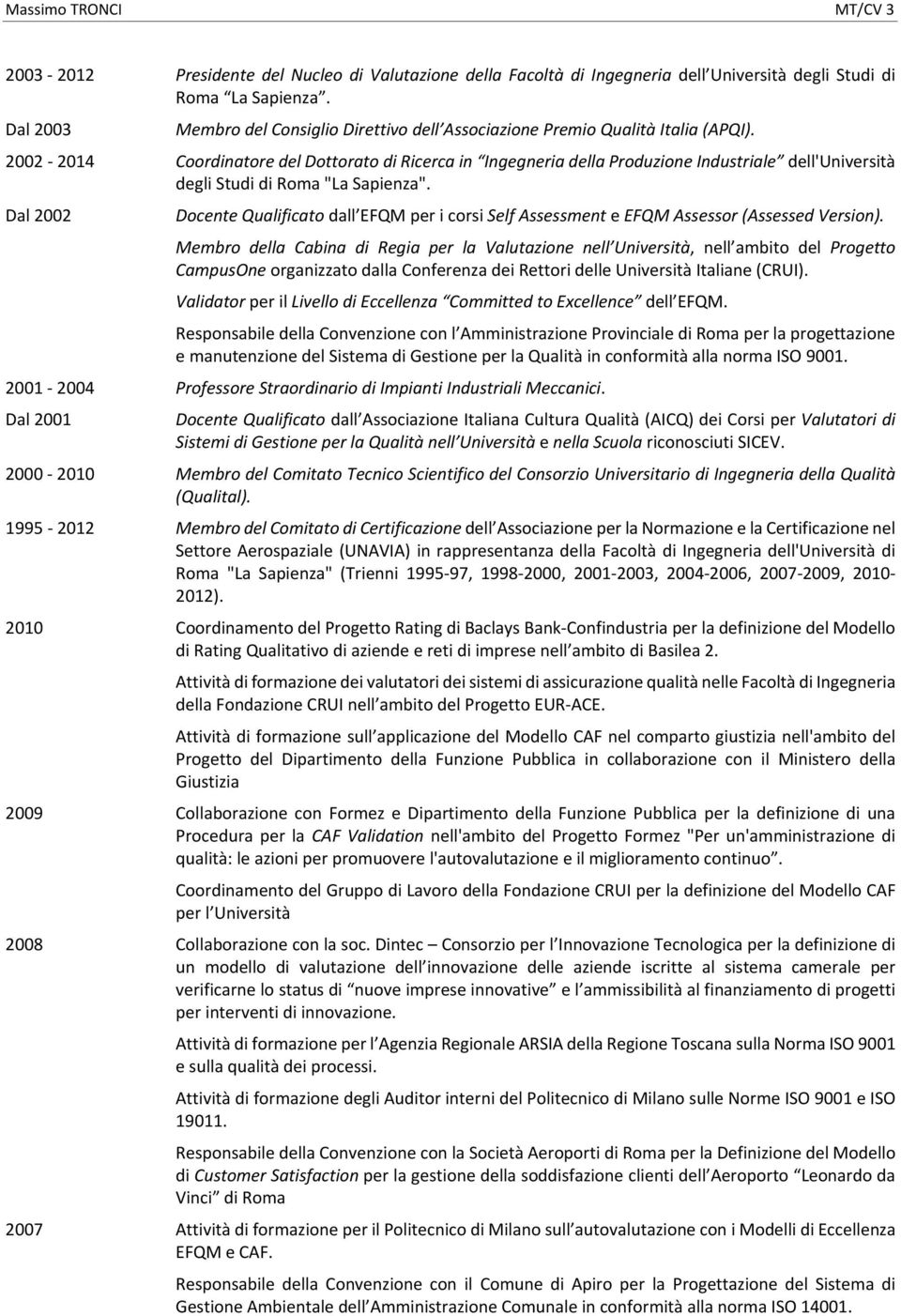 2002 2014 Coordinatore del Dottorato di Ricerca in Ingegneria della Produzione Industriale dell'università degli Studi di Roma "La Sapienza".