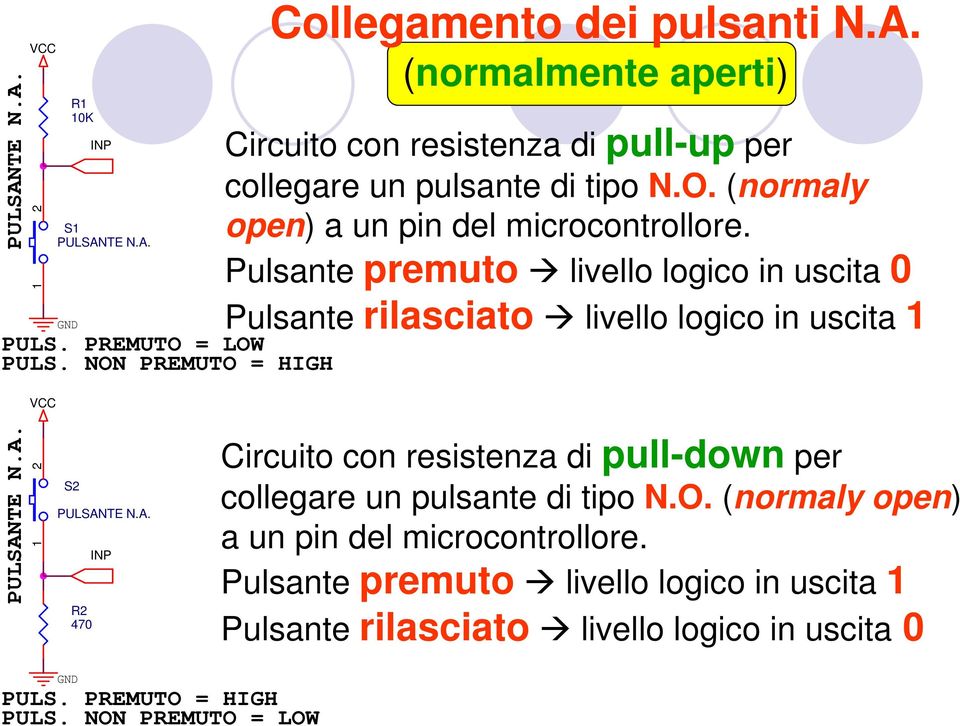 A. R2 470 INP Circuito con resistenza di pull-down per collegare un pulsante di tipo N.O. (normaly open) a un pin del microcontrollore.