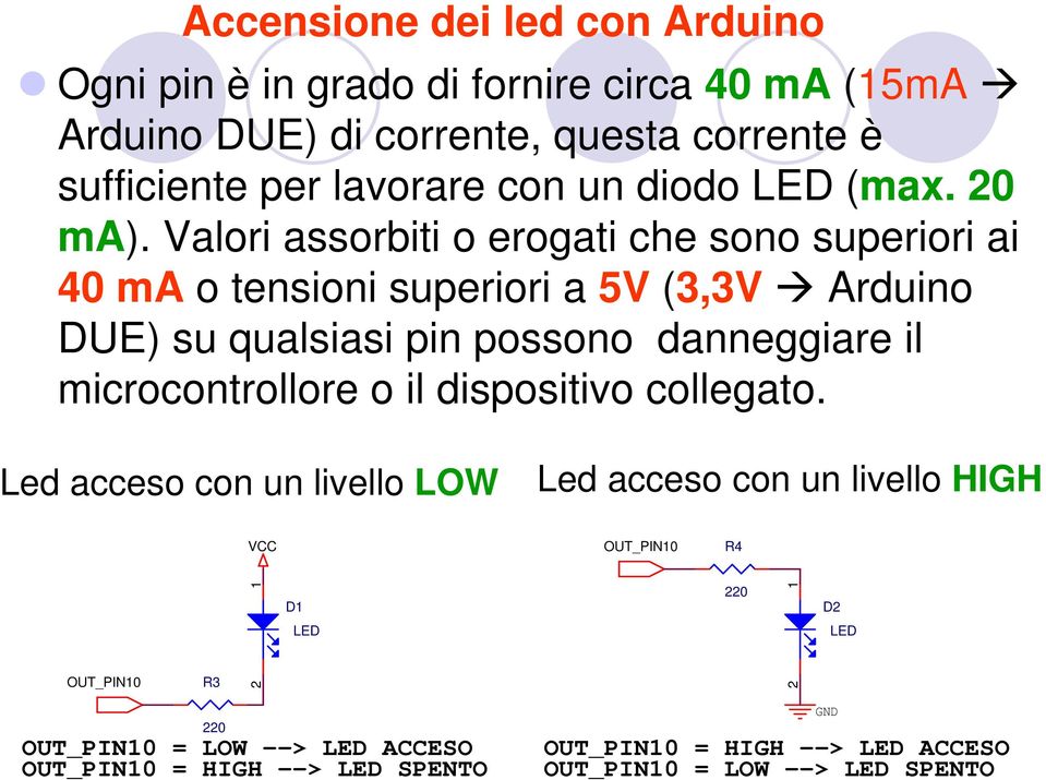 Valori assorbiti o erogati che sono superiori ai 40 ma o tensioni superiori a 5V (3,3V Arduino DUE) su qualsiasi pin possono danneggiare il